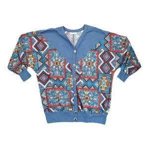 Vintage YOUNG STUFF Blue Southwestern/Aztec Fringe Button-Up Shirt‎